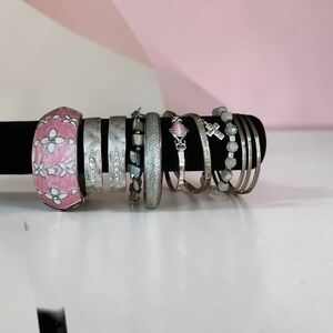 Vintage Pink Enamel Floral Bangle & Silver Tone Stackable Bracelet Set
